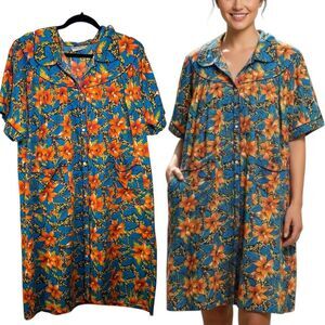 Vintage Lady Rina XL Tropical Floral Button-Up Duster Dress Muumuu Dress